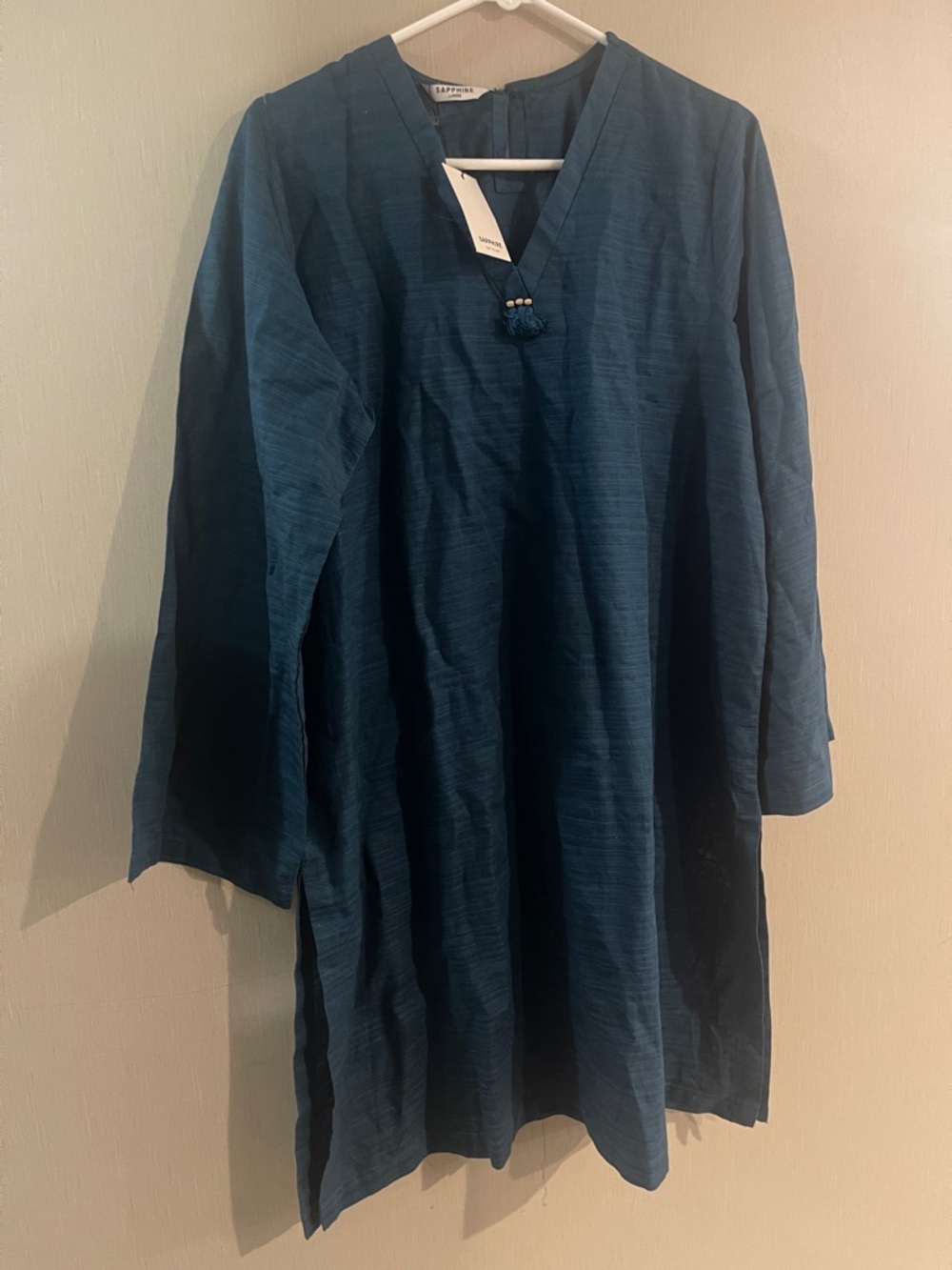Sapphire NWT large blue teal striped kurta v neck tassel tunic 100% cotton
